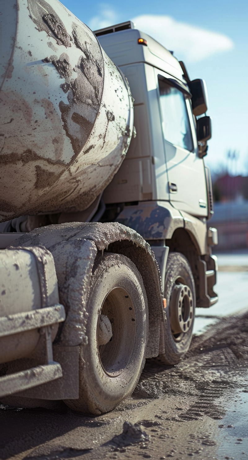 A cement truck parked on the side of the road. Suitable for construction, transportation, and infrastructure themes